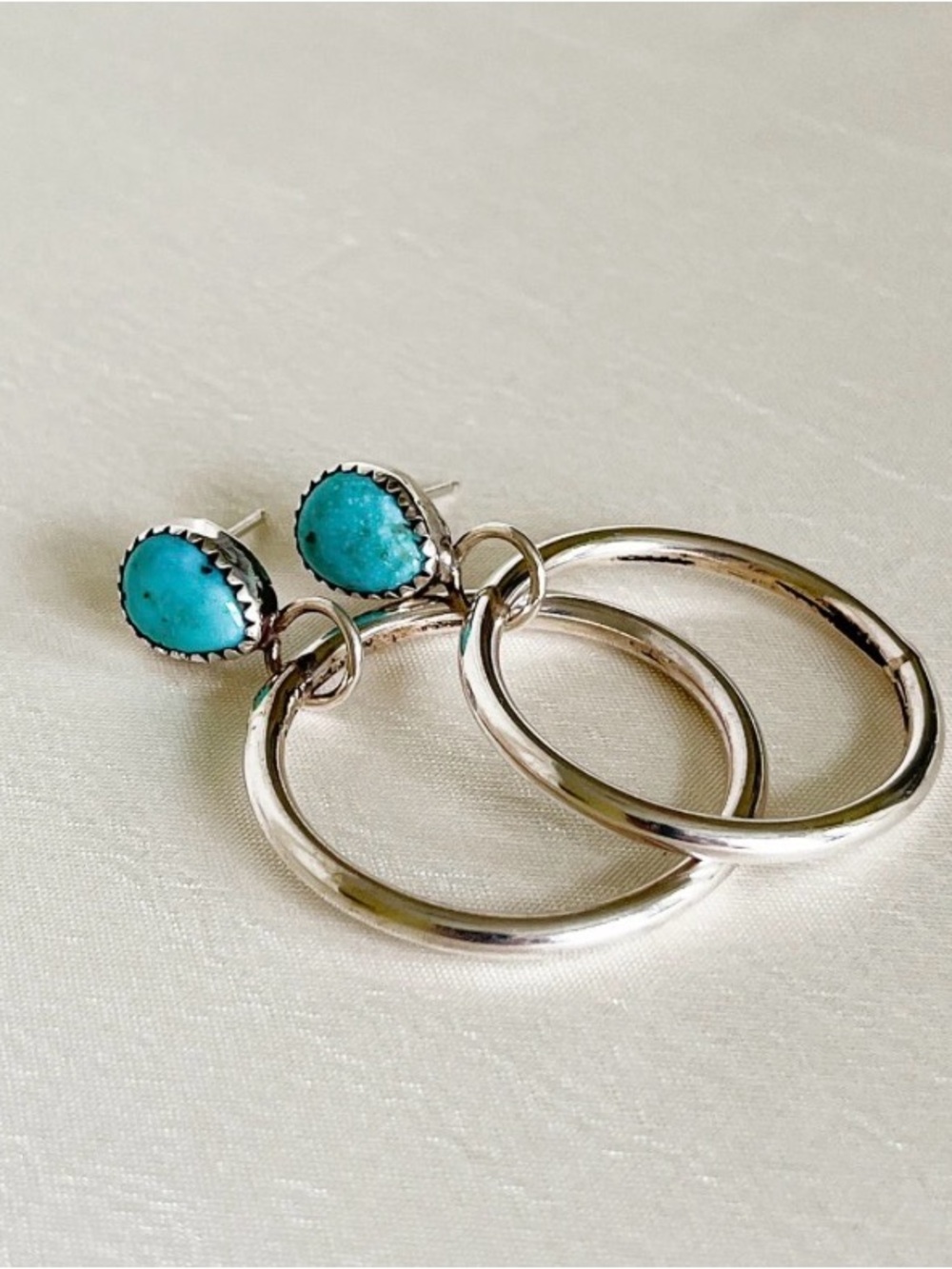 Turquoise Drop Hoop Earrings Silver Southwestern Boho Statement